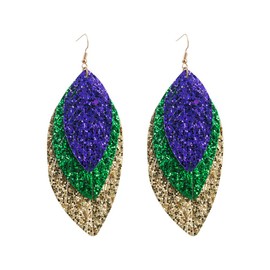 Layer Leaf Mardi Gras Dangle Earrings for Women Glitter Imitation Lightweight Statement Drop Fish Hook Stud Earring Fat Tuesday Celebrations Dress Accessories Cute Carnival Festival Jewelry Gifts