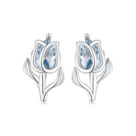 Chic Tulip Stud Earrings for Women Girls 925 Sterling Silver Blue Crystal CZ Flower Tiny Cartilage Earrings Small Studs Post Dainty Ear Jewelry Gifts Birthday Daughter