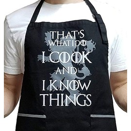 INVEST IN SOLUTIONS That's What I Do I Cook & I Know Things - 100% Cotton Black Apron with 2 Grey Tone Pockets - Adjustable Strap - Unisex Inspired by Game of Thrones