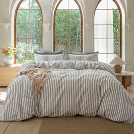 BESTDESIL Striped Duvet Cover Set,100% Washed Cotton Line Like Breathable Trendy Bedding Set(Strip-White/Black,Full)