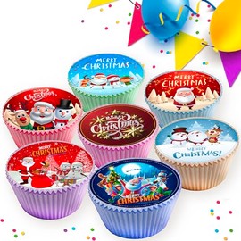 CHRISTMAS CUPCAKE TOPPERS DECORATIONS x 24 - EDIBLE ICING SHEET 4.5cms DIAMETER CR040R
