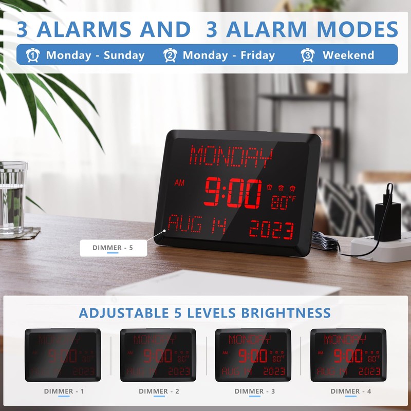 Raynic Digital Clock, 11.5" Large Display Digital Wall Clock,Adjustable Brightness
