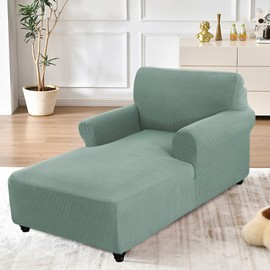Gray Green Fitted Chaise Lounge Couch Cover - Double Arm, Stretch Chair Slip Cover - Small Checks