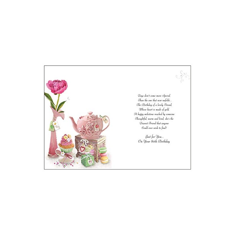 Friend 80th Birthday Card - Teapot, Cakes & Flower