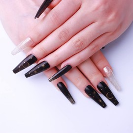 24 PCS Matte Colors Press On Long False Nails Medium Length Square Full Cover Acrylic Fake Nails Removable Fashion Ballerina Nails for Nail Salons and Home DIY Nail Art (DM0703-KP Black)