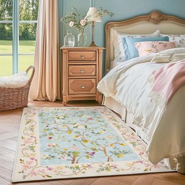 jinchan Floral 3x5 Rug, Washable Rugs Soft Leightweight Non Slip, Chinoiserie Low Pile Throw Indoor Boho Area Rugs, Thin Carpet for Bedroom Bathroom Office Living Room, Blue/Pink