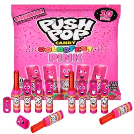 Push Pop Pink Candy Lollipops, 10 Ct Individually Wrapped Christmas Candy in Pink Strawberry Flavor, Full Size, Fun Lollipops For Stocking Stuffers, Party Favors, Birthday Parties, Goodie Bags