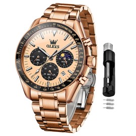 OLEVS Rose Gold Watches for Mens Business Dress Analog Quartz Stainless Steel Mens Wrist Watches Chronograph Date Moon Phase Luxury Fashion Casual Waterproof Luminous
