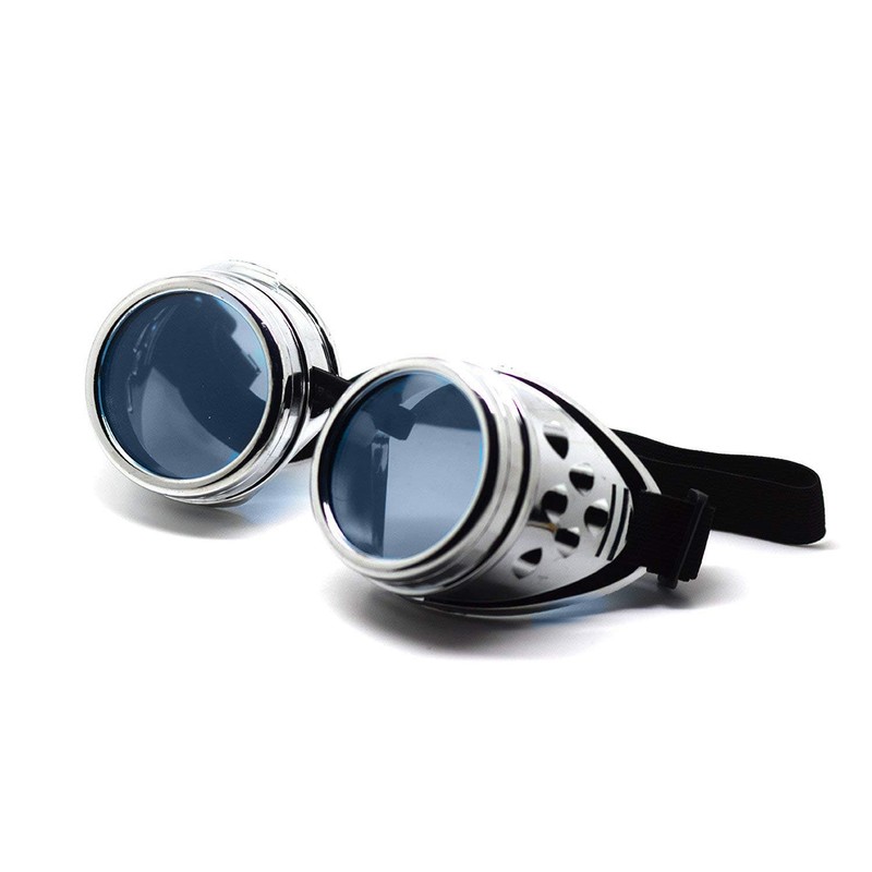 Ultra Silver with Blue Lenses Steampunk Goggles Mens Womens Cyber