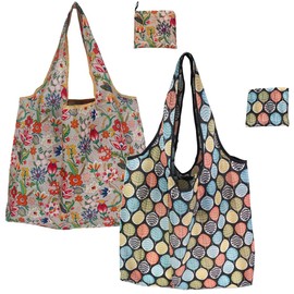 FAVORTALK Foldable Shopping Bag 2 Pcs Large Capacity Shopping Bags for Women Reusable Floral Shopper Bags Foldable Washable Grocery Bag in Pouch Lightweight Foldaway Shop Bags - 8703