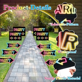 10Pcs Party Signs with Stakes Party This Way Signs for Outside Birthday Party Direction Sign This Way Arrow Neon Outdoor Decor for Wedding Birthday Outside Double Sided Lawn