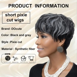 DOcute Short Cut Wigs For Black Women Salt And Pepper For Women Pixie Human Glueless For Black Women Glueless Bob Short Black Wig Gray Wigs For Women Bob Wig(Black and Grey)