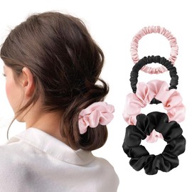 4Pcs Satin Silk Scrunchies for Women, Satin Hair Ties No Damage 2 Big & 2 Small, Soft Non-Slip Sleepy Tie Scrunchie (Fashion Black & Pink)