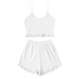 Avanova Women's Ribbed Knit Pajama Set Cami Top and Ruffle Hem Shorts 2 Piece Sleepwear Set White B Large