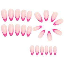 Press on Nails Medium Almond Fake Nails Rose Red French Tip False Nails Glossy Acrylic Stick on Nails Artificial Natural Glue on Nails for Women Girls Daily Wear 24Pcs