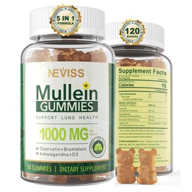 NEVISS Mullein Leaf Extract for Lungs, Sugar Free Tasty Mullein Gummies 1000mg, Lung Cleanse Supplement for Respiratory System w/ Quercetin & Bromelain, D3 for Digestive Support, Immune Booster, Vegan 2 Pack