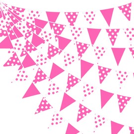 32Ft Hot Pink Party Decorations Pink Fabric Pokal Dot Pennant Triangle Banner Party Flag Bunting Streamer Garland for Birthday Wedding Baby Shower Anniversary Home Outdoor Garden Decor Supplies