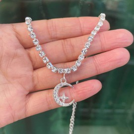 Carufin Star Moon Anklet Silver Crystal Love Heart/Cross Anklet Bracelets Beach Foot Jewelry Accessories Adjustable for Women Girls (Moon)