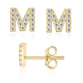 Letter M Initial Stud Earrings for Girls, 14K Gold Plated Sterling Silver Alphabet Letter Earrings, Post CZ Stud Earrings, Hypoallergenic Earrings for Girl Women Teen Girl Gifts (M)