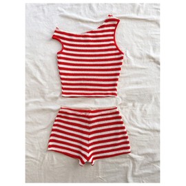 SOLY HUX Women's 2 Piece Summer Outfits Striped Off the Shoulder Crop Tops and Mini Shorts Set Red and White Striped Large