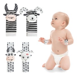 Baby Wrist and Ankle Rattles Toys, Cute Plush Animals Black and White Sensory Toys, 0-6 Months Baby Essentials for Newborn