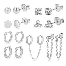 Sterling Silver Earrings Sets for Women, aretes de oro para mujer Hypoallergenic Earinging Stud Tiny Small Cartilage Hoop Earring Set