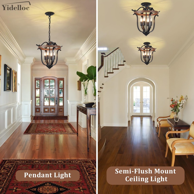 Yidelloc Black Farmhouse Chandelier 4 Lights, Vintage Cage Chandeliers E12