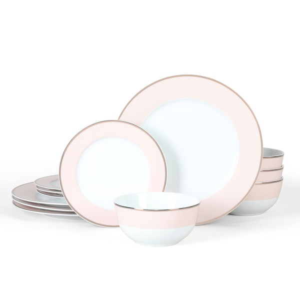 Martha Stewart Gracie Lane 12 pc Porcelain Decorated Dinnerware Set - Pink w/Gold Rim, Service for 4 (12pcs)