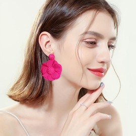 GUOXIAOMEI Rattan Flower Drop Earrings Raffia Dangle Boho Statement Earrings for Women (Hot Pink)