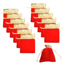 Cosmos Pack of 12 Golden Tone Rim Red Color Velvet Drawstring Pouch Bag for Wedding Party Jewelry Gift Packaging, Size About 4 x 4 Inches