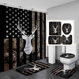 Camille&Andrew 4PCS/Set Camo Shower Curtain, Black American Flag Elk Moose Wildlife Animal Hunting Woodland Rustic Cabin Country Farmhouse Bathroom Decor, Non-Slip Bath Rugs Toilet Mats, Deer Antler
