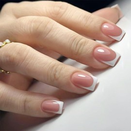 24Pcs Square False Nails Short - French Tip Nails - 12 Sizes French Fake Nails with Glue - Simple Style Stick on - Long Lasting False Nails with Glue Removable Nail Art Gifts for Women