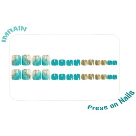 IMRAIN Press on Toenails Short Square Fake Toenails Blue White Toenail Press ons Cute Summer False Toe Nails with Sea Wave Designs Glossy Golden Glitter Glue on Toe Nails for Women 24Pcs