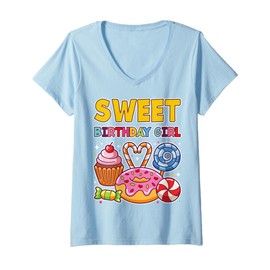 Womens Sweet Birthday Girl Candyland Colorful Lollipop Kids Party V-Neck T-Shirt