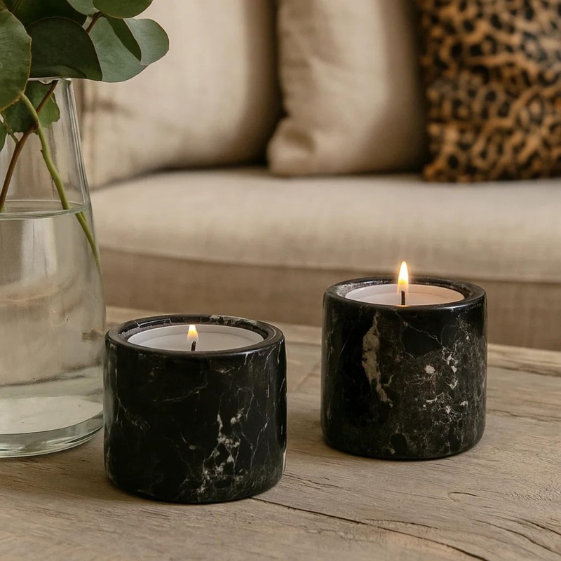Set of 2 Black Marble Tea Light Holders – 2"