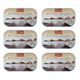 Ican Hígado de bacalao salvaje enlatado de Islandia, paquete de 6