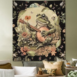 Apdidl Vintage Boho Frog Tapestry for Bedroom Aesthetic, Green Music Floral Wall Covering Tapestries with Playing Banjo, Funny Frog Decor Poster Wall Hanging for Dorm Living Room (51"X60")