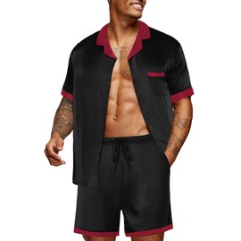 Ekouaer Men Satin Silk Pajamas Set with Pockets Sleepwear Shorts Satin Summer Loungewear 2 Piece Button Down Set S-XXL Black