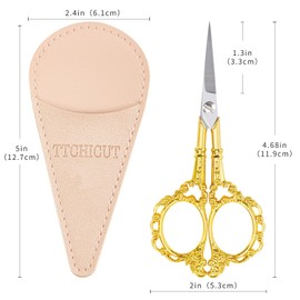 Sewing Embroidery Scissors Small Vintage Sharp Pointed Tip Shears for Craft Artwork Cross Stitch Cutting Handicraft DIY Tool with PU Leather Sheath(Gold)