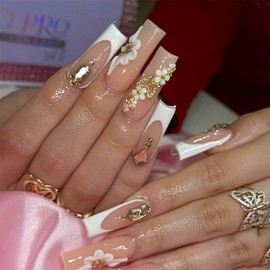 IMRAIN Long Press on Nails Square Fake Nails Nude White French Nails Tips Full Cover Acrylic Glossy False Nails with Rhinestone & Flower Design for Women Girls 24Pcs Glue on Nails