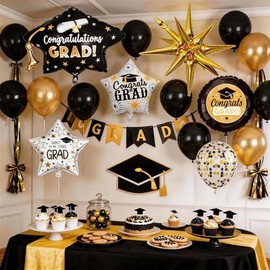 Graduation Decorations Balloons for Class of 2026 Black Gold Confetti Latex Balloons 32pcs Helium Round Congrats Grad Explosion Star Foil Balloon Grad Hat Balloon College High School Grad Party Decor