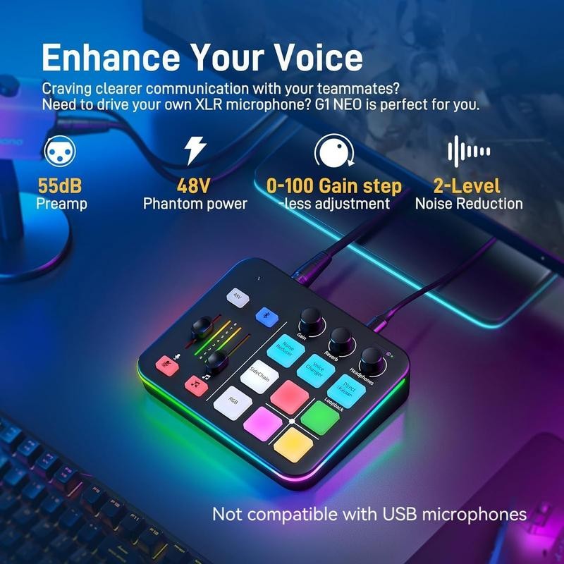 Gaming Audio Mixer, Audio Interface with Pro-preamp, RGB, , 48V