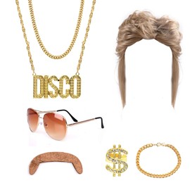 SINGOMON Disco Costume Men Set 80s Disco Wig Disco Accessories Sunglasses Gold Necklace Fake Beard Hippies Cosplay Costume