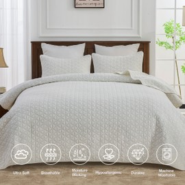 Simple&Opulence 100% Cotton Quilt Set King Size, White Pre-Washed 3-Pieces Bedspread Coverlet Set with 2 Pillowcases, Soft Cozy Stitching Geometric Pattern Bedding Cover for All Seasons