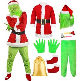 8PCS Adult Christmas Costume for Men Christmas Santa Claus Outfit with Christmas Mask Green Monster Furry Santa Suit Christmas Cosplay Costume Fancy Dress Outfit