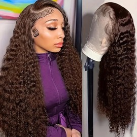 Pinketer Chocolate Deep Wave Lace Front Wigs Human Hair Colored 13x4 Middle Brown Lace Frontal Wig 180% Density Brazilian Human Hair Wigs for Black Women Natural Hairline (#4 Color, 22inch)