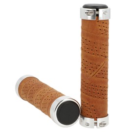 Gusti Nairo Q. Genuine Leather Handlebar Grip Brown Leather Metal Ring Silver Smooth
