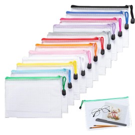 PLATEYTR Document Bag A5, 12 Pieces File Pockets with Label Pocket, A5 Mesh Plastic Zip Pocket, A5 Zip Bag for File, Paper, Documents, Cosmetics, Homework and Travel Accessories