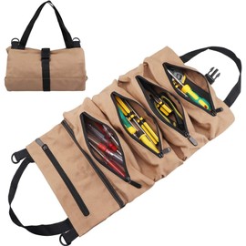 NIHO Bolsa enrollable para herramientas, organizador de rollos multiusos, 5 bolsillos con cremallera (Caqui)