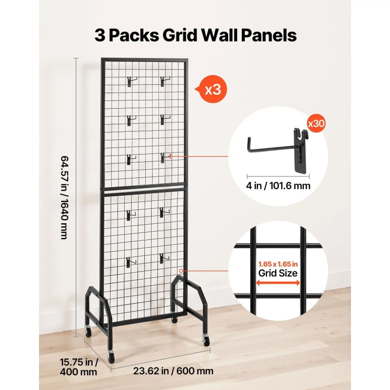 3 Packs Black Wire Grid Wall Panels 1.9 X 5.4